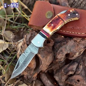 Premium OEM RB <b>Knives</b> Damascus Steel Folding Pocket Hunting <b>Knife</b> Rosewood <b>Handle</b> Brass Bolster Drop Point 7" Overall Camping - Product Image 1