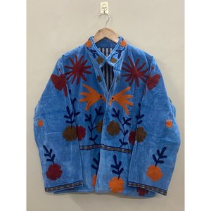 Handmade Embroidered Velvet <b>Jacket</b> Women Mandarin Collar Full Sleeve Floral Pattern Open Front Spring Coat - Product Image 6
