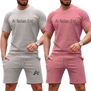 ชุดเสื้อยืดและกางเกงขาสั้นผู้ชายแบบถัก 2 ชิ้น ผลิตโดยผู้ผลิต OEM ผ้าฝ้าย 100% สไตล์ลำลองสำหรับฤดูร้อน พิมพ์โลโก้ตามสั่ง - Product Image 1