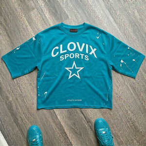 Camiseta Corta de Hombros Caídos Estilo Streetwear al por Mayor - Diseño con Salpicaduras de Pintura Azul Marino - Product Image 5