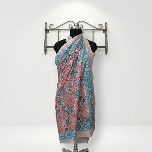 Hand Block Printed Cotton Sarong <b>Red</b> Teal Floral Beach Wrap <b>Scarf</b> Lightweight Summer Cover Up for Women Resort Travel Wear - Product Image 6