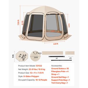 Tenda a Schermo Pop-up 12 x 11 piedi per 10-12 Persone, Portatile con Borsa per il Trasporto e Lati con Zanzariere per Uso Esterno - Product Image 4