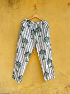 Conjunto de Pijama de Algodón Transpirable con Estampado de Palmeras Blancas a Rayas, Manga Larga, Cuello Camisero, Ropa de Dormir Informal de Verano, Largo Completo - Product Image 2
