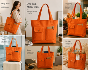 กระเป๋าผ้าแคนวาสสีส้ม สีพื้น สไตล์มินิมอล ใช้ได้ทุกวัน กระเป๋าช้อปปิ้ง ทนทาน ใช้งานได้หลากหลาย ดีไซน์เหนือกาลเวลา - Product Image 4