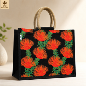 Bolsa de Yute Negra con Estampado Floral, Asa de Bambú, Multicolor, Reutilizable, para Playa o Compras, con Logotipo Personalizado, Proveedor OEM, Venta al Por Mayor - Product Image 4
