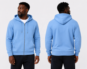Sweat-shirt à capuche zippé bleu clair pour homme, couleur unie, en molleton de coton, coupe classique, décontracté, pour l'automne - Product Image 4