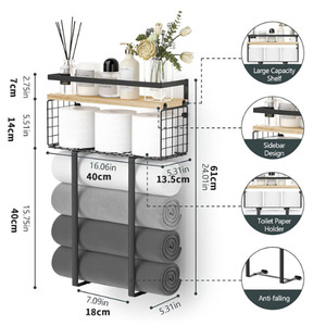 Étagère de rangement murale pour salle de bain, trois niveaux, en métal, avec porte-serviettes et porte-papier toilette, style industriel - Product Image 3