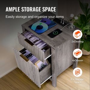 Farmhouse-Style <b>Set</b> of 2 End <b>Tables</b> 3-Tier <b>Side</b> <b>Table</b> Storage Cabinet with 2 Drawers Charging Station Nightstand Console <b>Tables</b> - Product Image 4