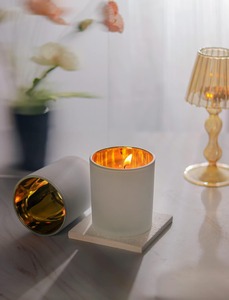 Classic design White matte glass wood candle jar with gold inner coating <b>bamboo</b> lid candle <b>container</b> offer customization options - Product Image 3