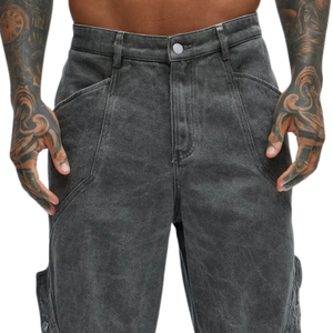 <b>Mens</b> Washed <b>Black</b> Denim <b>Cargo</b> <b>Pants</b> Baggy Fit Multi Pocket Loose Leg Jeans Casual Streetwear Workwear Vintage Fashion Trousers - Product Image 3