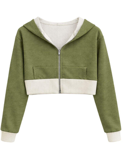 Womens <b>Cropped</b> <b>Zip</b> <b>Up</b> Hoodie Olive Green And Cotton Fleece Color Block Hooded Sweatshirt Casual Streetwear Ladies Jacket - Product Image 1