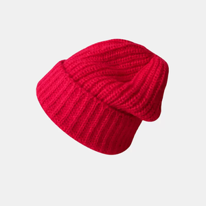 Bonnet en tricot rouge 100% acrylique unisexe, décontracté, chaud pour l'hiver, couleur unie, fait main pour adultes 56-58CM - Product Image 1