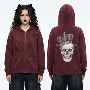 เสื้อฮู้ดแขนกุดผ้ากำมะหยี่สีแดงเลือดหมู 350GSM รุ่นคลาสสิค ลายกราฟิกหน้ากากหัวกะโหลก สไตล์โกธิค ชายเสื้อแบบดิสเทรส สำหรับผู้หญิง - Product Image 3