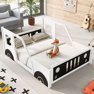 Letto a piattaforma a forma di auto d'epoca bianca con ruote per bambini - Product Image 1