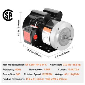 Motore AC 1.5HP 1725 Giri/min 115V/230V Telaio 56C per Compressore d'Aria Monofase con Albero Scanalato da 5/8'' Rotazione CW/CCW - Product Image 3