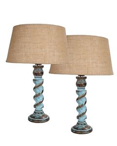 <b>Rustic</b> Turquoise Round <b>Table</b> Lamp Beige Fabric Drum Shade Decorative <b>Bedside</b> Floor Lamp for Bedroom Living Room Housewarming - Product Image 1