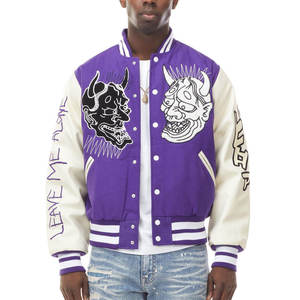 Purple <b>White</b> Varsity <b>Jacket</b> <b>Men</b> Wool Blend Letterman <b>Jacket</b> Embroidered Demon Panel Regular Fit Winter Outerwear - Product Image 1
