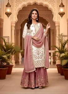 <b>White</b> Pink Floral Embroidered Salwar Kameez Set <b>Chiffon</b> Silk Palazzo Dupatta Wedding Party Women - Product Image 2