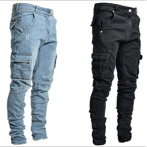 Pantalones Cargo de Mezclilla para Hombre, Corte Slim, Cintura Alta, Lavado Oscuro, con Múltiples Bolsillos, Estilo Casual, para Otoño - Product Image 5