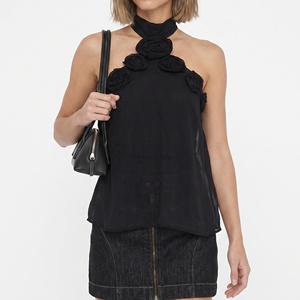 Haut Halter Femme à Rosette, en Chiffon Floral 3D, Dos Nu, Col à Nouer, Sans Manches, Noir – Fabricant de Vêtements - Product Image 3