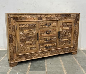 Meuble de salon en bois massif sculpté à la main par Manish Art Handicrafts, porte shaker, 2 tiroirs, 3 étagères, garantie 1 an - Product Image 2