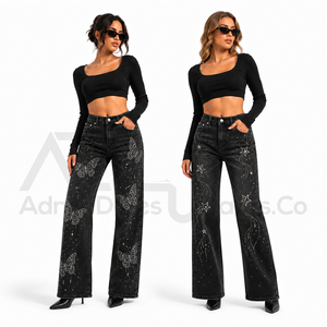 Jean en denim pour femme, taille mi-haute, respirant, avec strass et cristaux, coupe large, effet usé, style streetwear, 100% coton, fournisseur OEM - Product Image 5