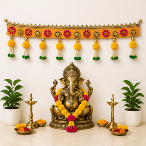 Traditional Handmade Orange Pink Toran Door Hanging with Yellow Pom Pom Pearl Tassels Gold Embroidery Indian Festive Decor - Product Image 2