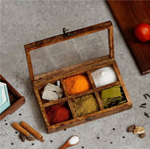 Boîte à épices en bois avec couvercle, organisateur à 7 compartiments, boîte à épices ronde en bois avec cuillère - Product Image 5
