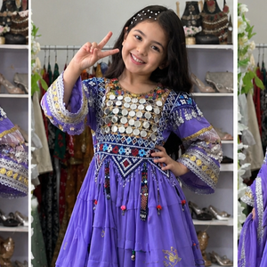 Vestido Afgano Bordado Morado para Niñas, Manga Larga con Dupatta, para Todas las Temporadas, Ropa Tradicional Pakistaní - Product Image 3