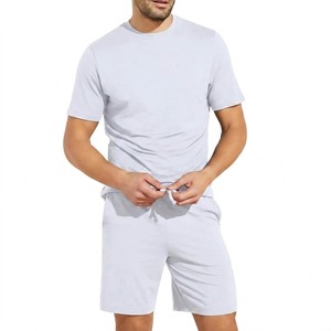 Ensemble décontracté d'été pour homme, t-shirt en coton bleu marine à col rond avec short gris, respirant, tricoté, couleur unie - Product Image 4