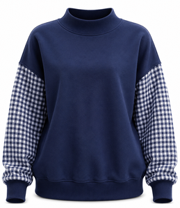 Wholesale Custom Women's Gingham Letter Applique <b>Mock</b> <b>Neck</b> Sweatshirt Patchwork Sleeve Loose Drop Shoulder <b>Top</b> - Product Image 4