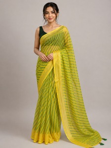 Sari en soie rayé jaune et vert pour femmes, tenue traditionnelle indienne, décontracté, longueur au sol, coupe classique, toutes saisons, Bengale occidental - Product Image 1