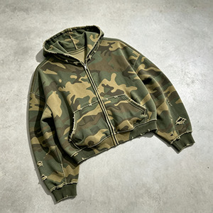 Men's Camo Zip Up Hoodie Distressed Ripped <b>Streetwear</b> <b>Y2K</b> Grunge Pullover Autumn - Product Image 2