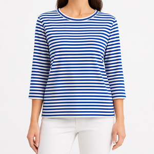T-shirt décontracté en tricot pour femme, col rond, coupe régulière, manches 3/4, rayures teintées en fil de qualité supérieure - Product Image 1