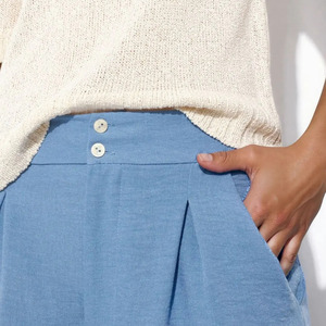 Pantalon plissé décontracté taille haute bleu clair en lin et coton pour femme, coupe ample respirante longueur cheville, idéal pour l'été – Vente en gros - Product Image 3