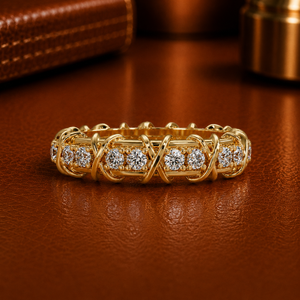 Luxury <b>Cross</b> Stitch Design Eternity Band 14K Solid Gold Round Lab Grown Diamond <b>Rings</b> Bridal's Wedding <b>Rings</b> Engagement <b>Rings</b> - Product Image 1