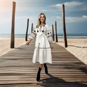 Vestido largo con bordado de flora estilo bohemio expansivo para mujer, manga larga, elegante, cintura Natural, borla, lavable - Product Image 2