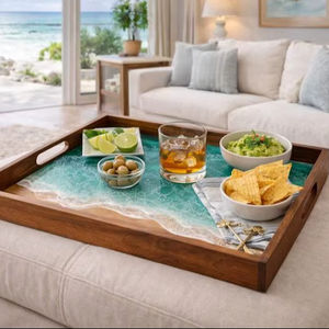 Plateau de service multifonctionnel en bois fait main Sea Breeze, motif Art Déco végétal, pour mariage - Product Image 1