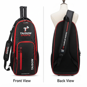 Sac de badminton Premium TAISON SPORTS PU 600D 230 GSM Noir Rouge Sac à dos de sport 30-40L Multi-panneaux Impression de logo personnalisé - Product Image 1