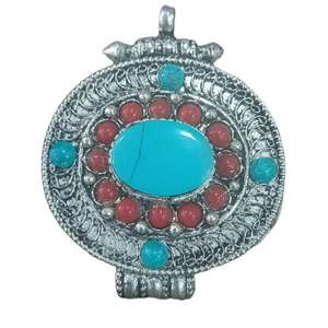 Colgantes de Aleación Plateada Tibetana con Coral y Turquesa, Diseño Floral Étnico Budista, Engaste Circular, Joyería Unisex para Regalo - Product Image 6