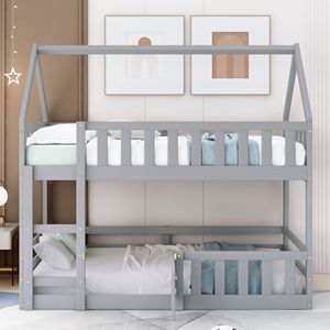 Letto a castello grigio a due piazze con recinzione e porta per bambini - Product Image 3