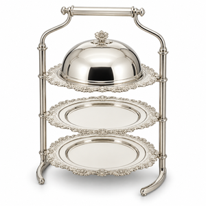 Plateau de service en acier inoxydable de luxe moderne à trois niveaux, dôme à chocolat argenté pour restaurants et événements - Tailles et couleurs personnalisées - Product Image 1
