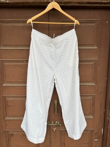 Premium <b>White</b> Schiffli Cotton Pajama <b>Pants</b> Women Wide Leg <b>Palazzo</b> Trousers Embroidered Casual Summer Bottom Wear - Product Image 1