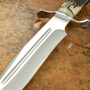 Couteau de chasse Bowie artisanal en acier D2 avec manche en corne de cerf, lame fixe argentée, garde décoratif, pour le camping et la chasse en extérieur - Product Image 2