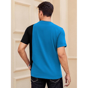 T <b>Shirt</b> Bright Blue Black Vertical Half Split Colorblock Short Sleeve Casual Crew Neck Top - Product Image 3