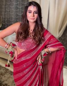 <b>Red</b> Georgette Floor-Length Saree Set Beaded Ethnic Indian Pakistani Outfit Elegant <b>Blouse</b> Dress Quick-Dry for Wedding Party - Product Image 3