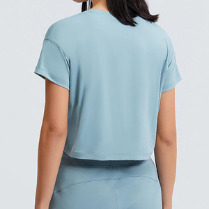 Women's Light Blue Cropped tank <b>top</b> O-Neck Short Sleeve Casual Breathable Knitted <b>Top</b> Solid Color Polyester Material women <b>crop</b> - Product Image 2