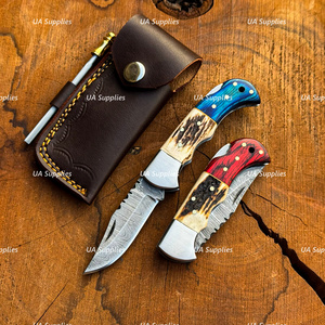 UA Supplies Industrial Grade Damascus Steel Utility Folding Knife with Elk Horn & Wood Handle Clip Point Blade OEM Customizable - Product Image 4
