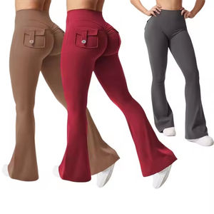Pantalon évasé de sport pour femme avec poches boutonnées, couleur unie, taille élastique, coupe cloche, effet froncé aux fesses, pour yoga et activités de plein air - Product Image 1