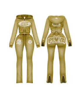 Conjunto de Sudadera con Capucha y Pantalones Acampanados TAHAD para Mujer, con Lavado Ácido Personalizado, Manga Larga, Chaqueta con Cremallera y Pantalones Acampanados, Conjunto de Dos Piezas para Descansar - Product Image 5